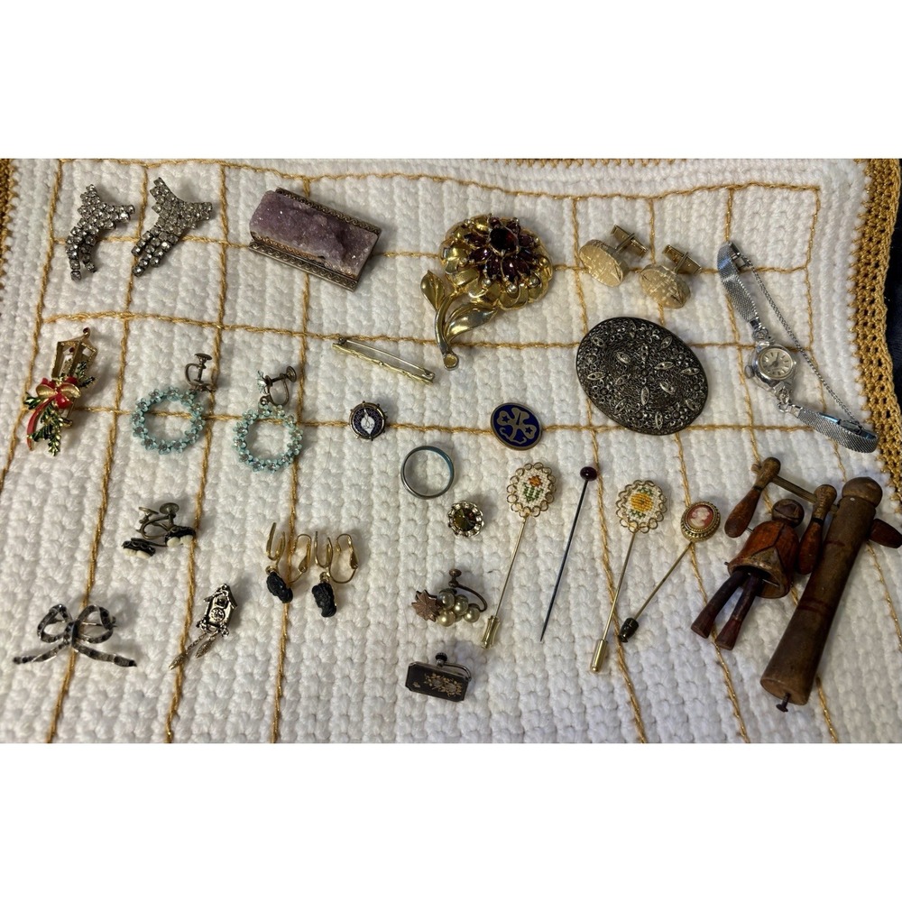 LOT of 24 Antique & Vintage Jewelry Earrings, Pins Some Sterling Silver